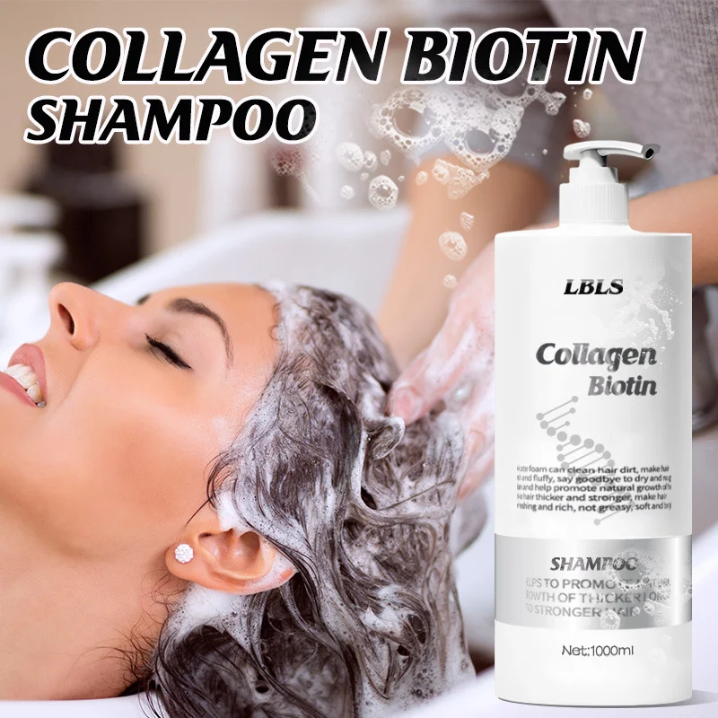 LBLS Collagen Biotin Shampoo bottle front view on a bathroom shelf